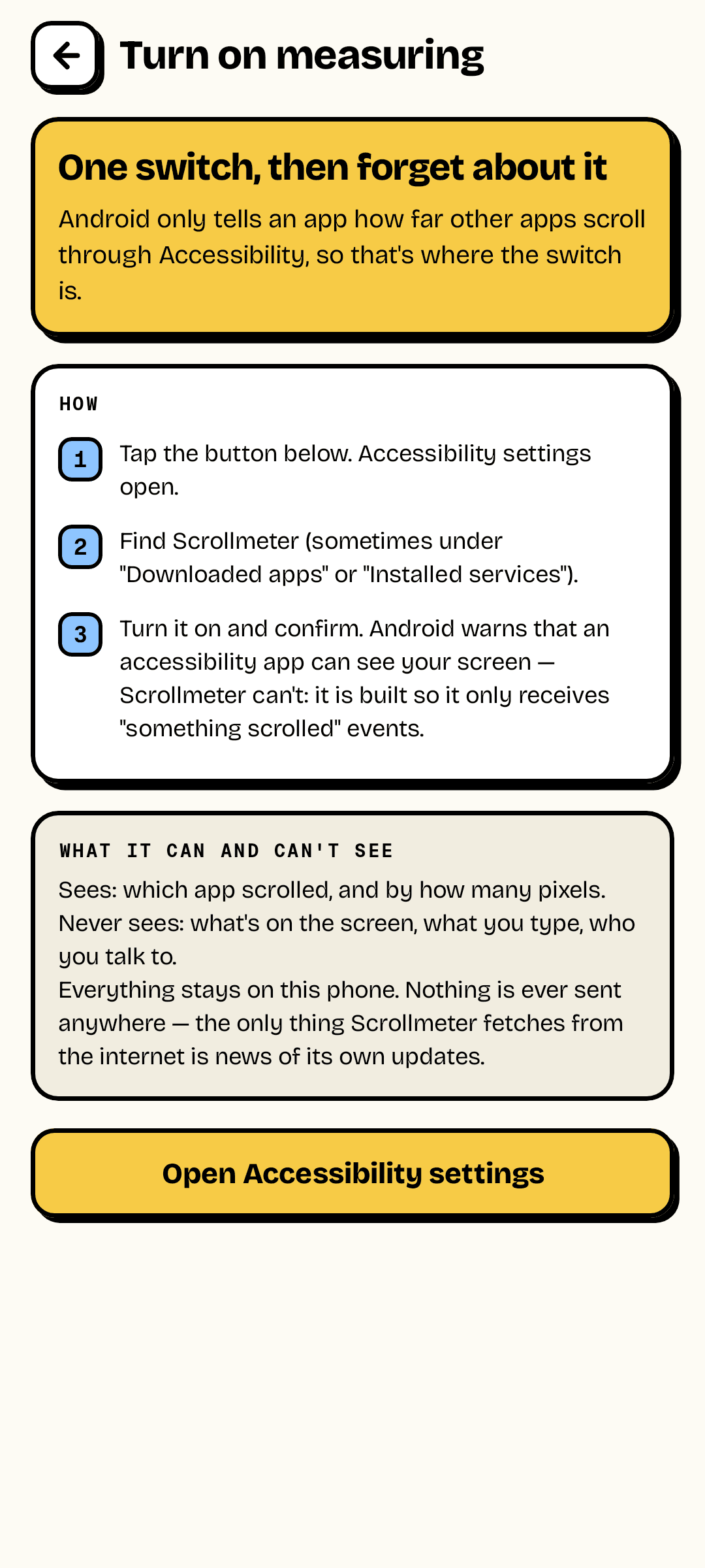 Setup screen explaining what Scrollmeter can and can't see